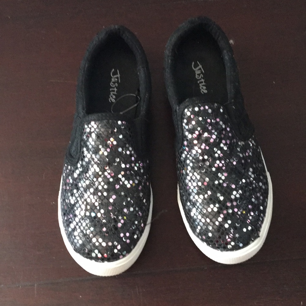 justice glitter slip ons